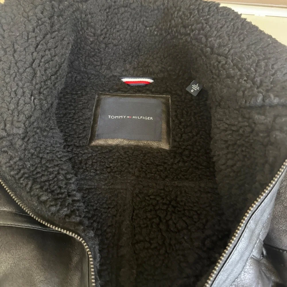Tommy Hilfiger Men's Black‎ Faux Leather Shearling Lined Aviator Jacket Size L